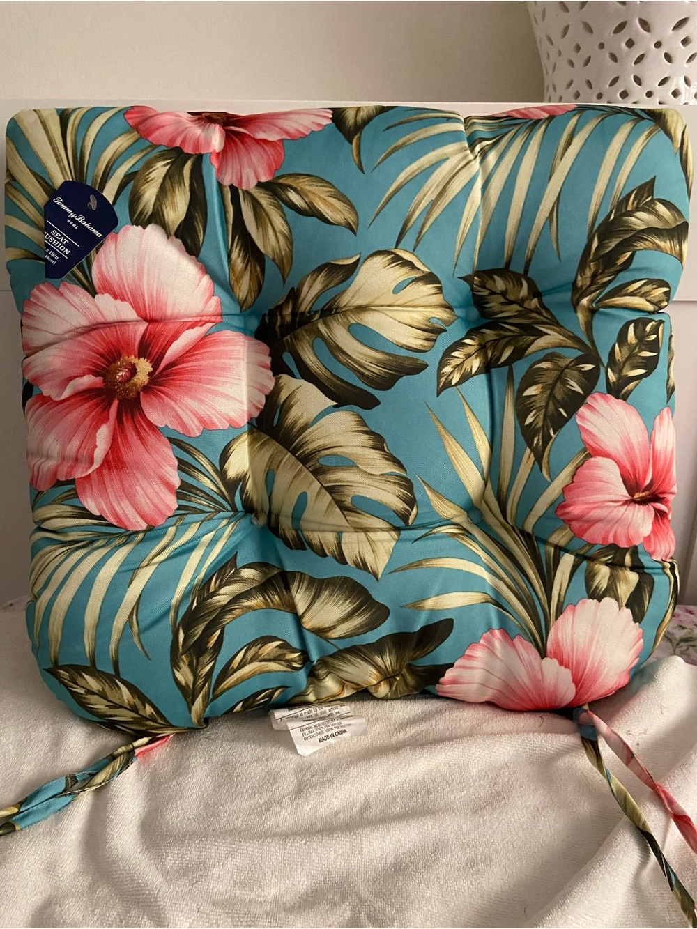Tommy Bahama Tropical Floral Outdoor Seat Cushion in Teal and Pink